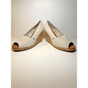 TOMS Women's Peep Toe Wedge Shoes Cork Sole Tan Canvas Size 7.5 Boho